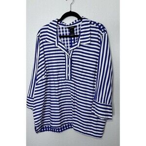 Ali Miles Top Womens White & Blue Stripe  , Plaid Top 3/4 Sleeve Size 2X